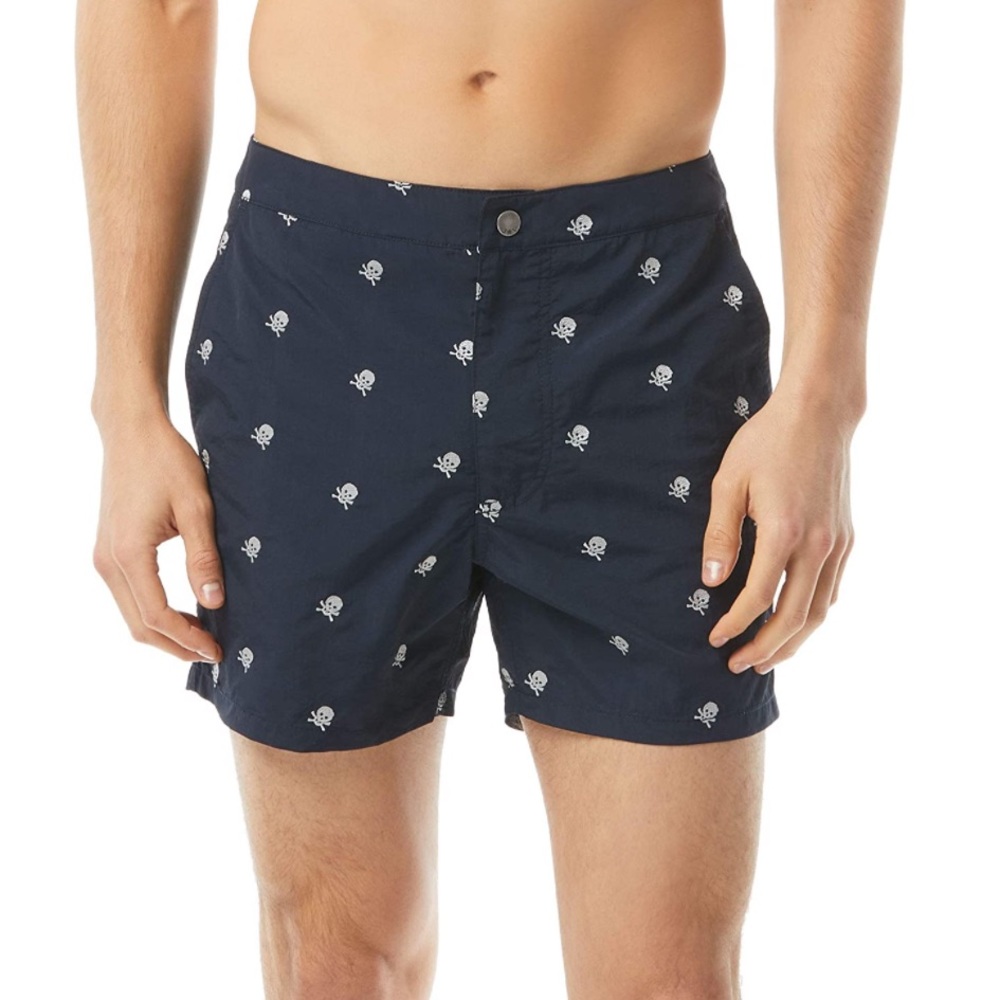 John Varvatos USA Malibu Skull Print Swim Trunks Shorts Blue Navy White NEW 32